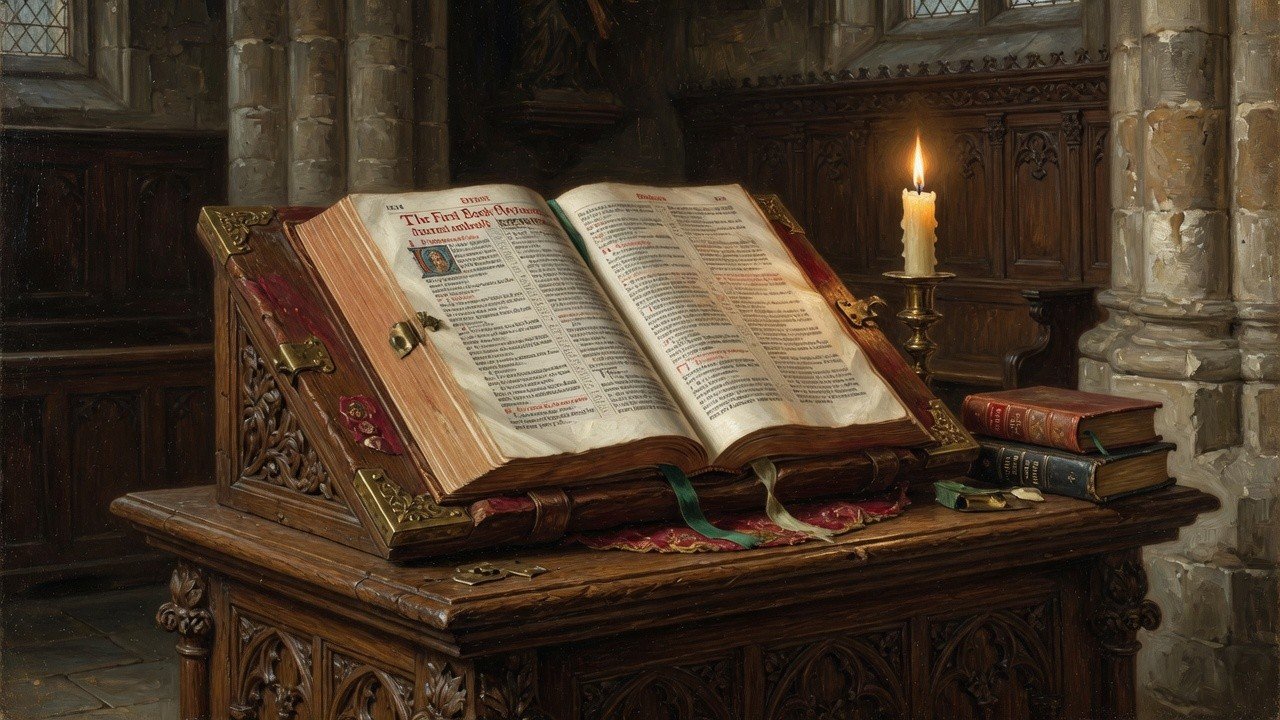 Wide 16:9 still-life of a 1611-era English folio Bible on a carved lectern