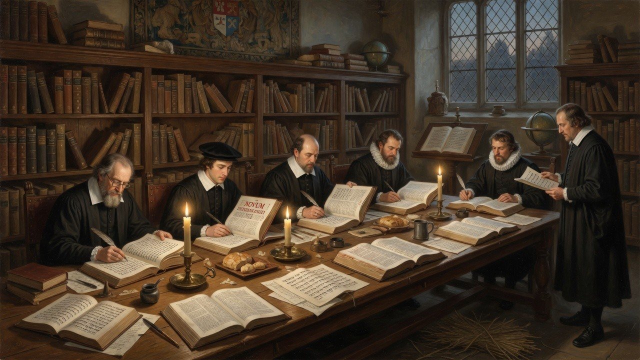 Wide 16:9 view of Authorised Version translators at work around a library table