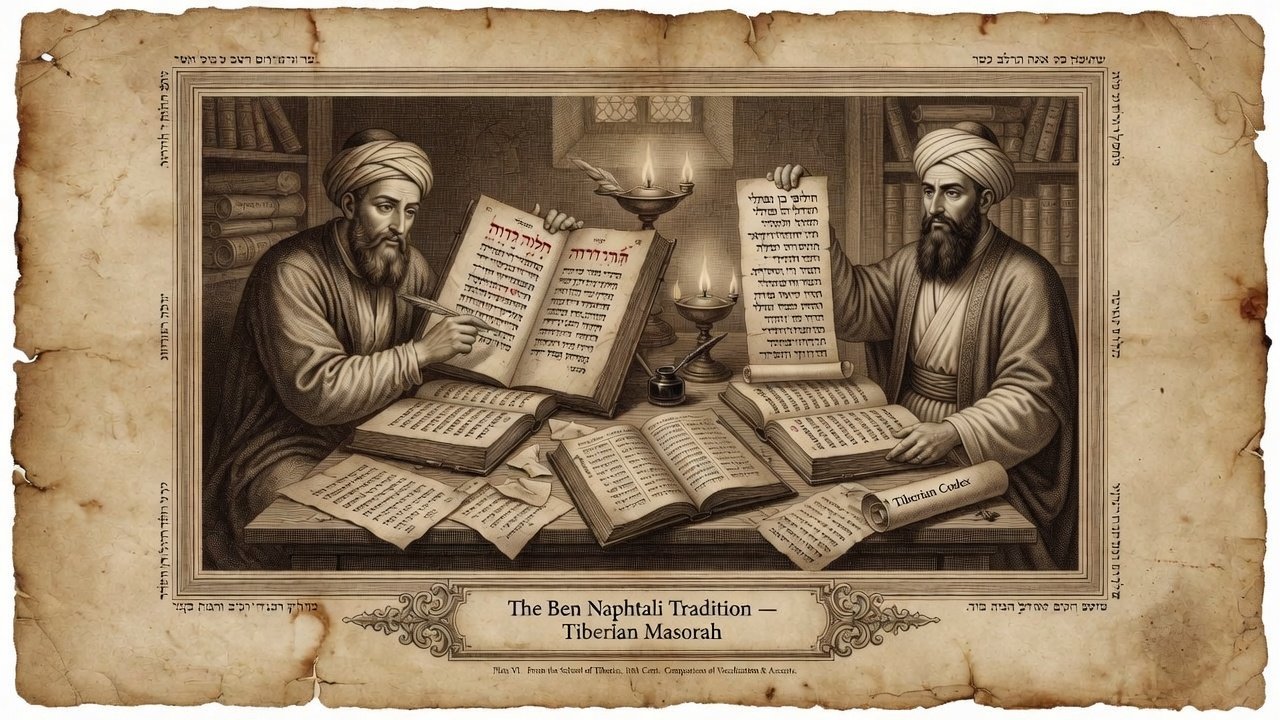 Original illustration: Ben Naphtali school Masoretes comparing vocalized Hebrew codices and difference lists