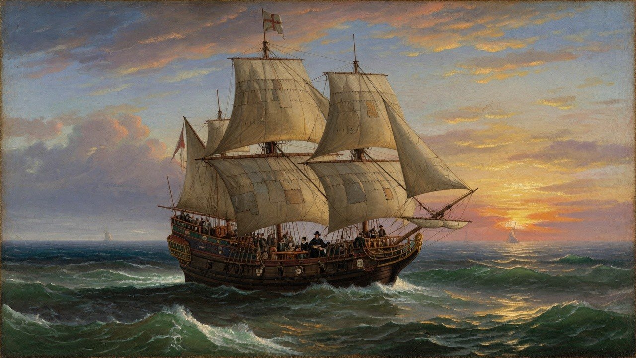 Wide 16:9 view of an early seventeenth-century English ship on the Atlantic with colonists aboard