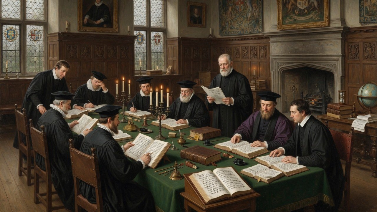 Wide 16:9 view of Cambridge Authorised Version translators revising English drafts