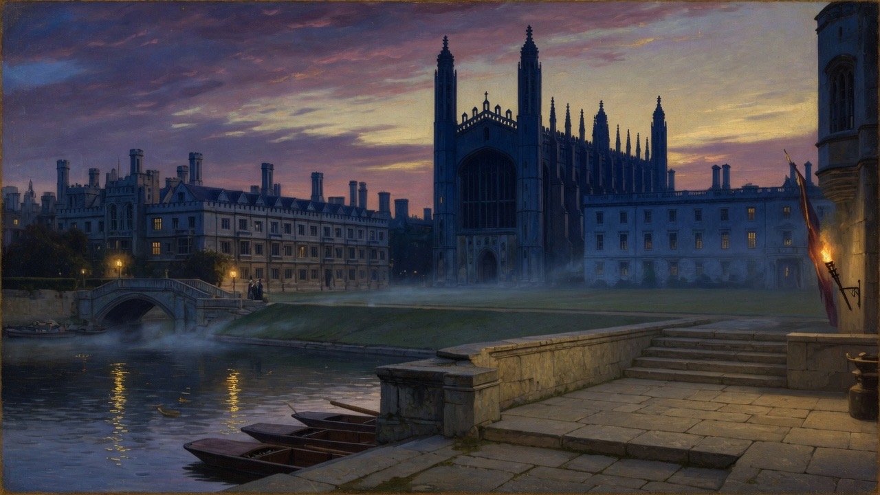 Wide 16:9 view of Cambridge colleges by the river with scholars and Bibles
