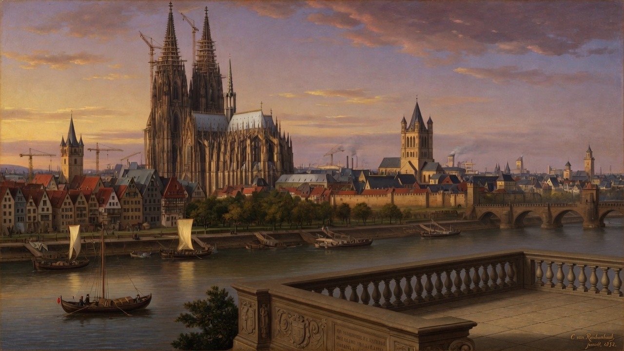 Wide 16:9 view of Cologne cathedral and Rhine with Bible scholars