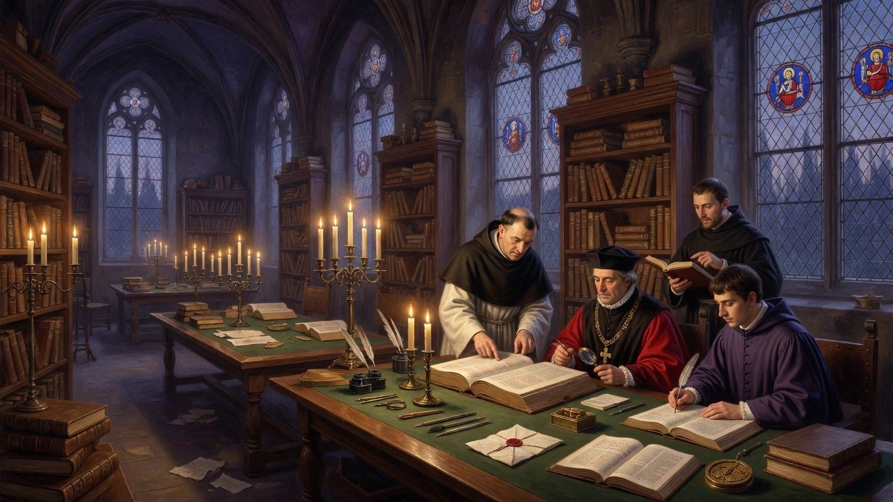 Wide 16:9 view of a Cologne medieval library with Vulgate study