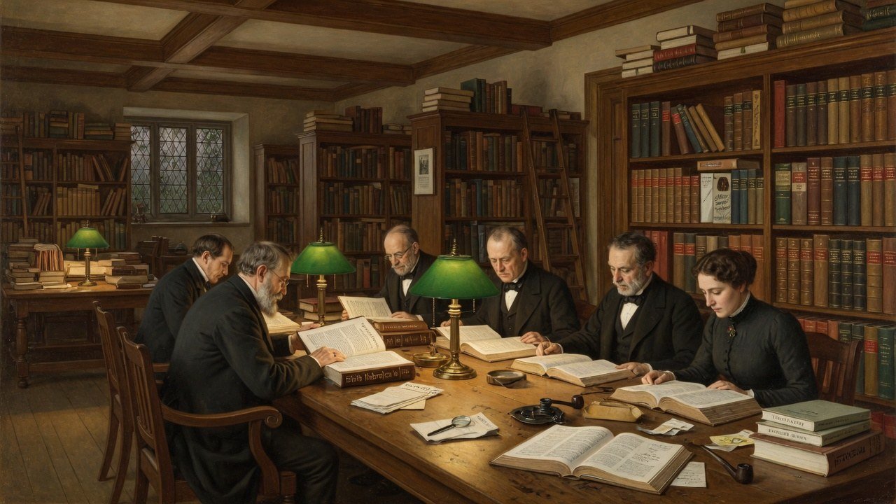 Wide 16:9 view of Harvard biblical scholars with Hebrew and Greek texts