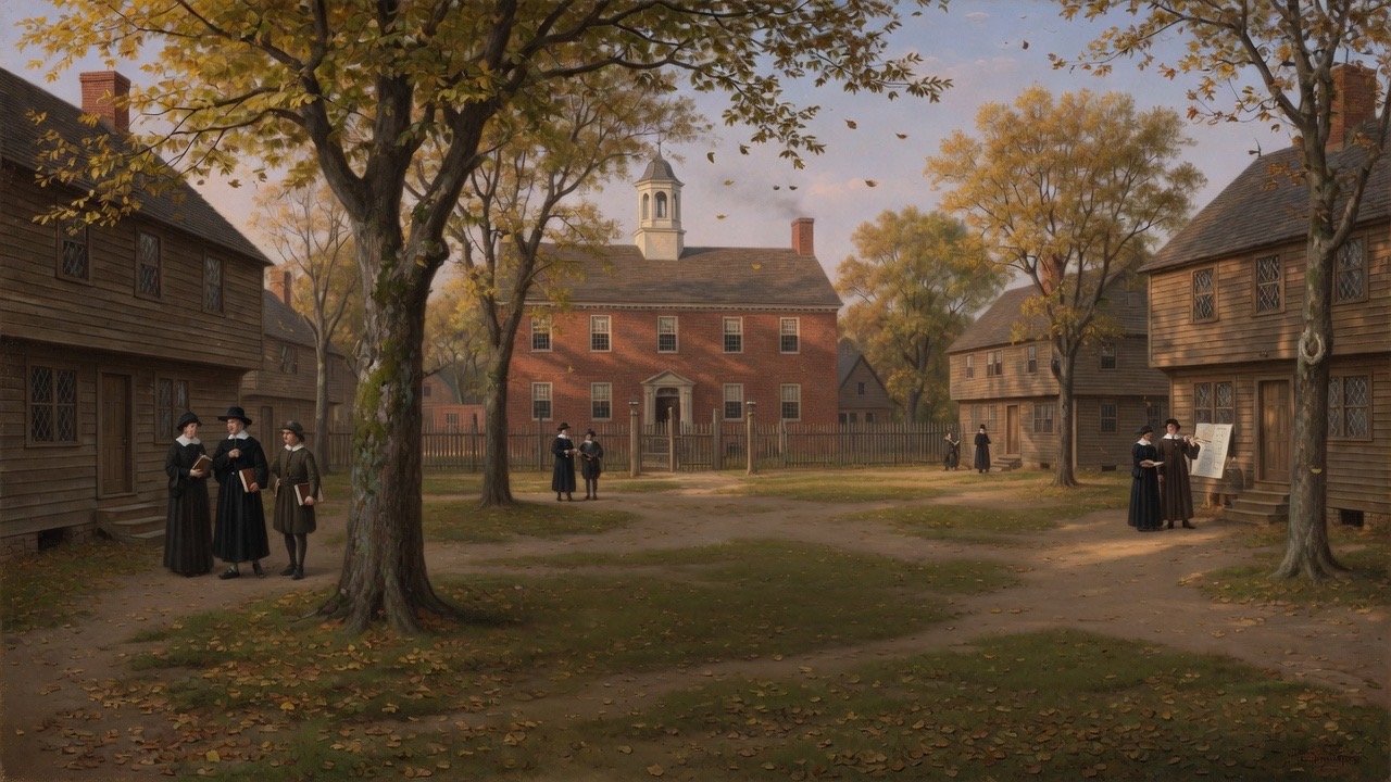 Wide 16:9 view of early Harvard Yard with scholars studying Hebrew and English Bibles