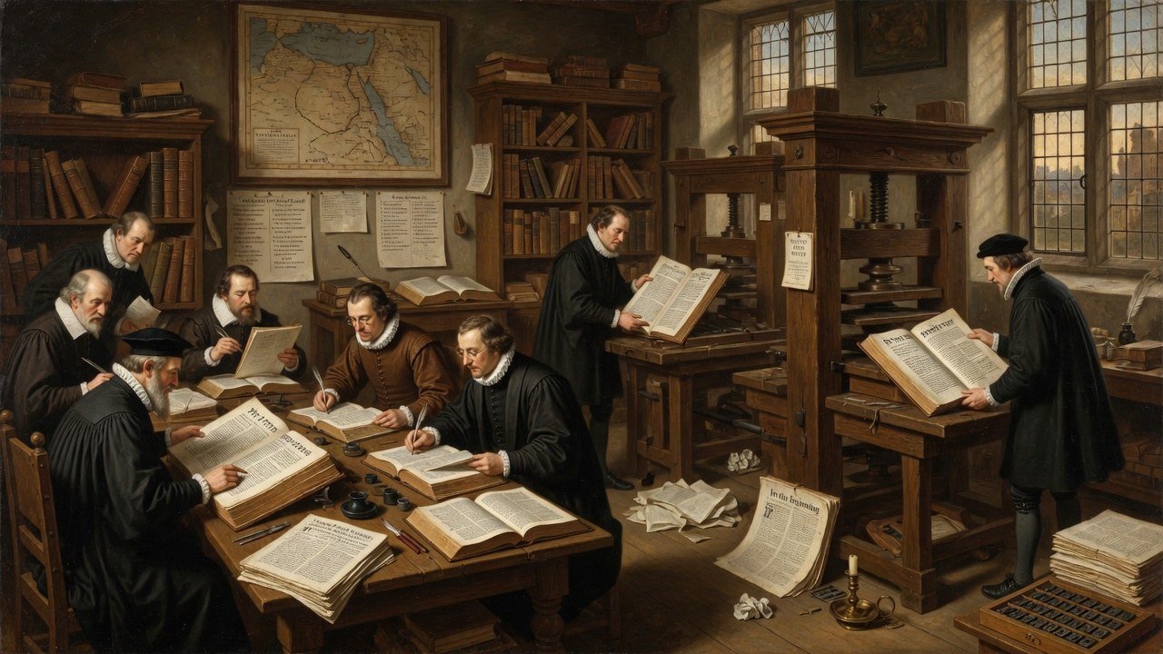 Wide 16:9 view of Jacobean London printing the Authorised Version folio