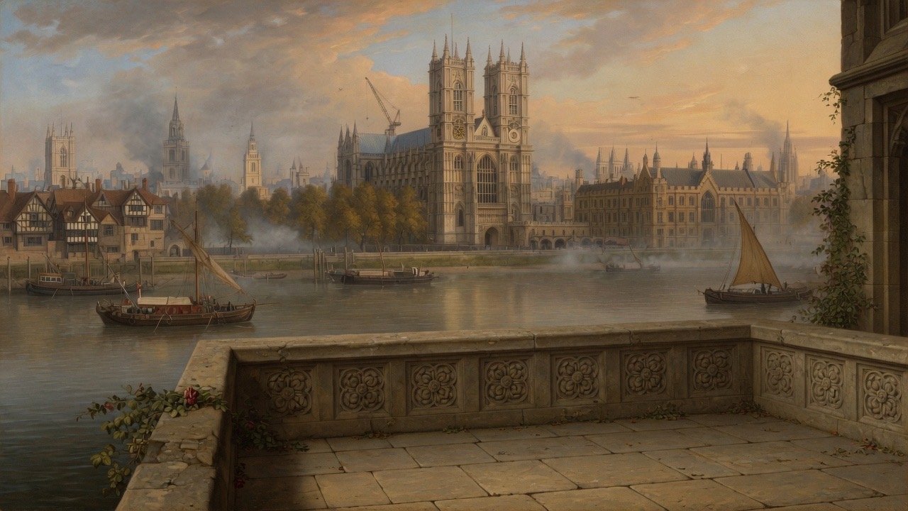 Wide 16:9 view of Westminster and the Thames with Jacobean Bible scholars
