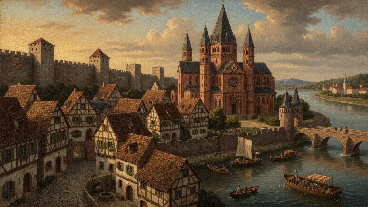 Cartoon view of historic Mainz on the Rhine with cathedral and city quarter