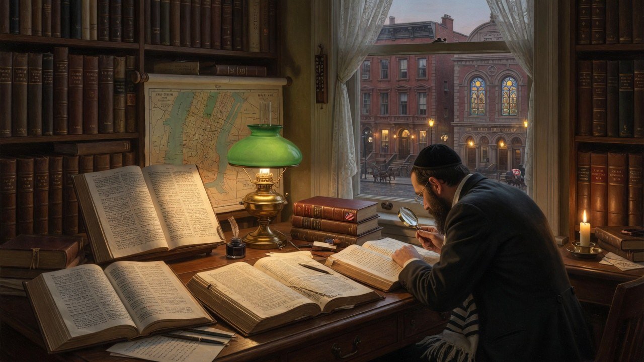Nineteenth-century New York Jewish study with Hebrew Bibles and scholarly books