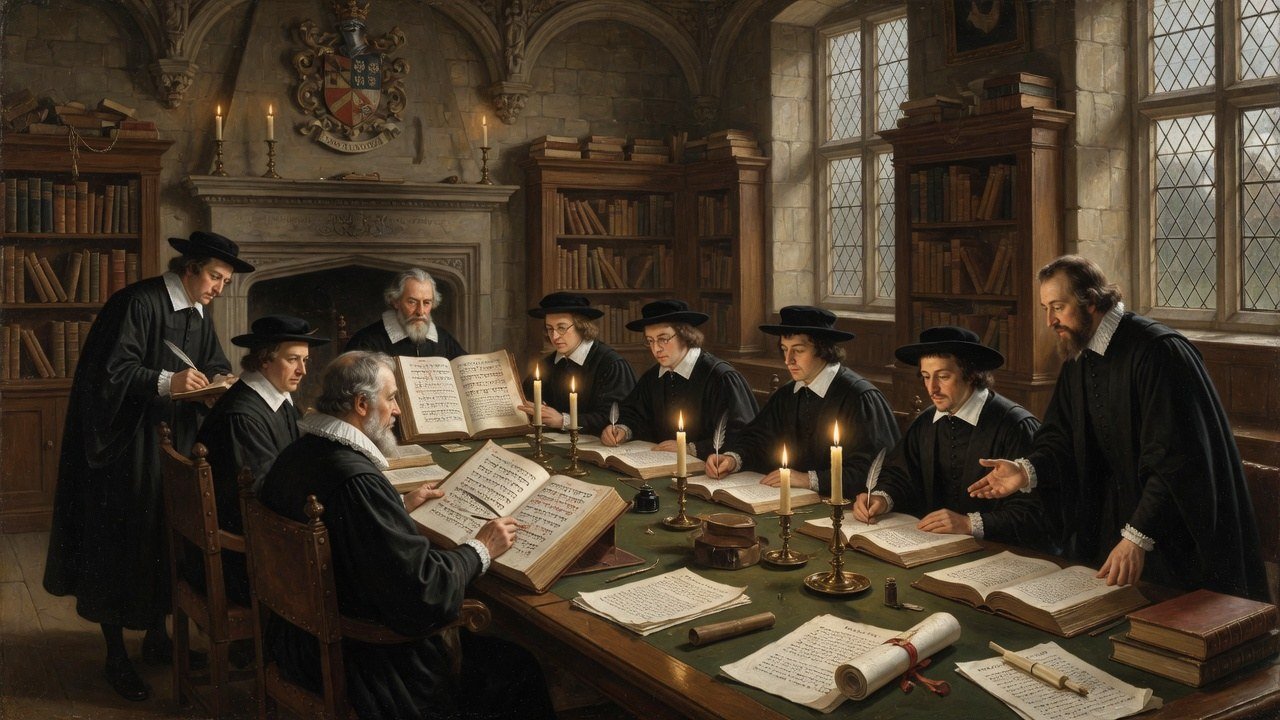 Wide 16:9 view of Oxford Authorised Version translators with Hebrew and Greek sources