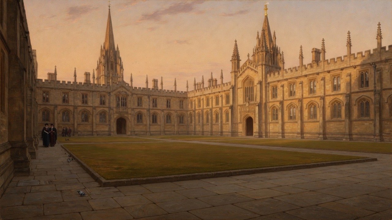 Wide 16:9 view of Oxford colleges with scholars studying Latin and Middle English Bibles