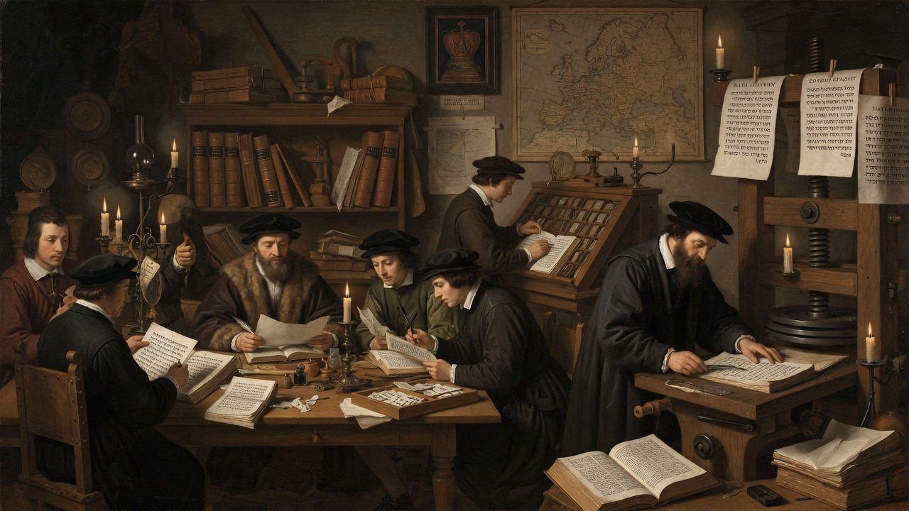 Wide 16:9 view of a Paris Renaissance Bible printing workshop