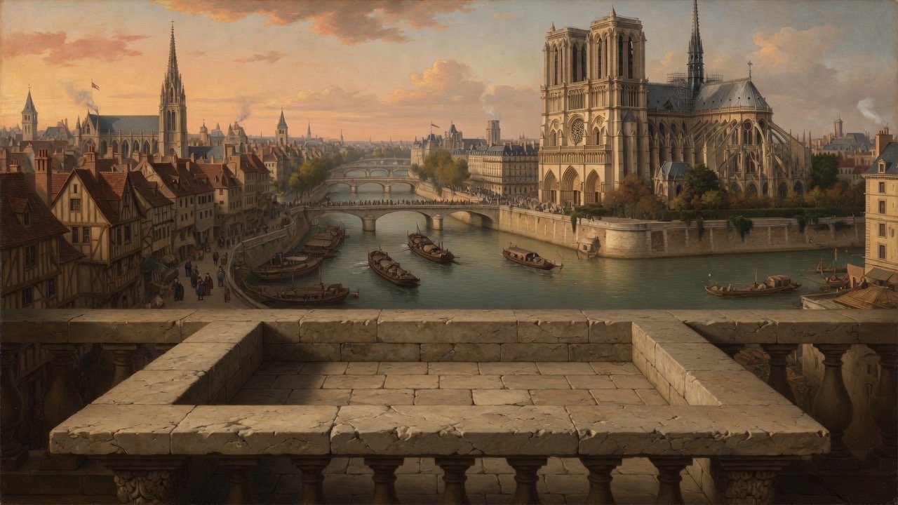 Wide 16:9 view of Paris scholars with Hebrew, Greek, and Latin Bibles near Notre-Dame