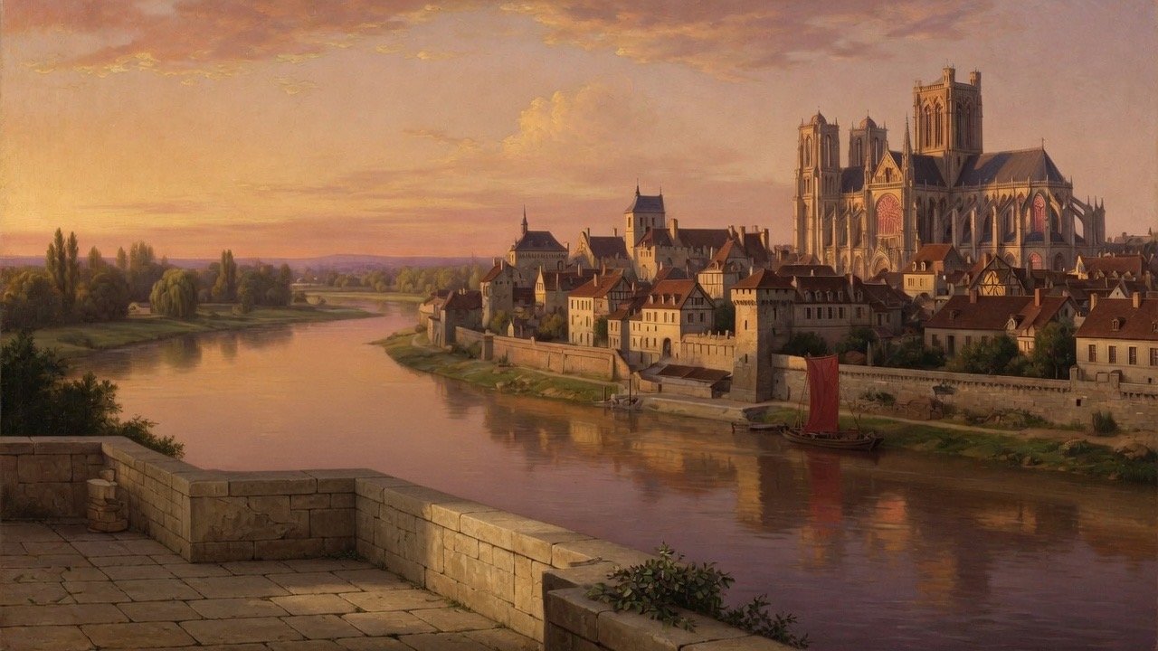 Wide 16:9 view of Tours on the Loire with scholars and a Latin Bible