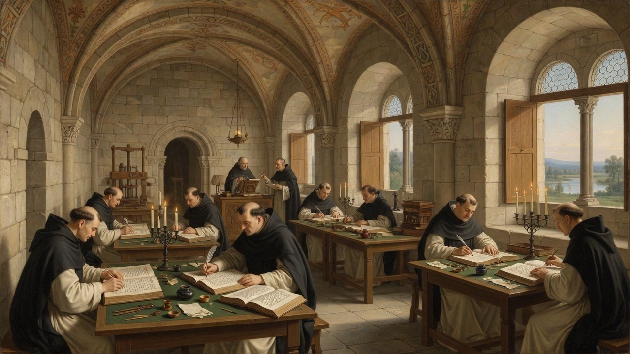 Wide 16:9 view of a Tours Carolingian scriptorium copying Vulgate Bibles