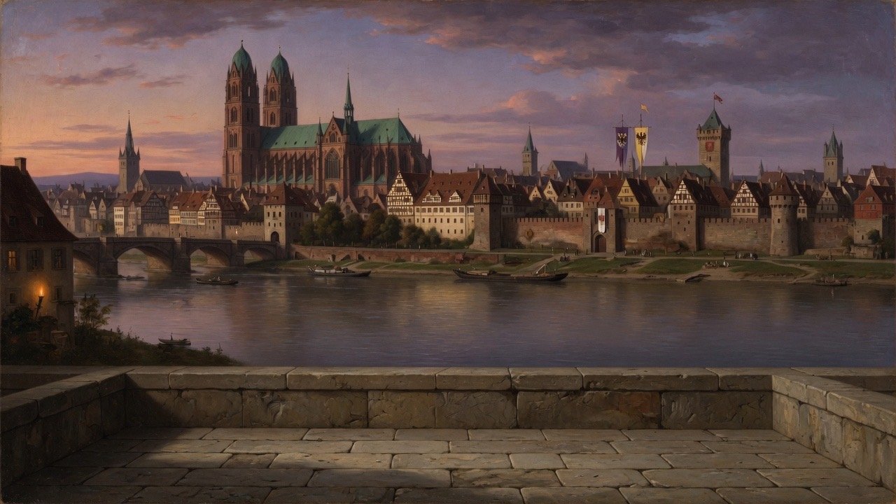 Wide 16:9 view of Worms on the Rhine with cathedral and scholars
