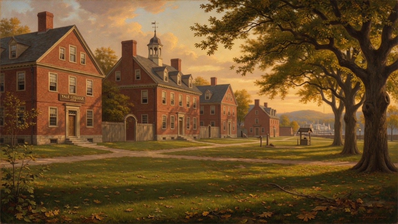 Wide 16:9 view of early Yale campus with scholars and Bibles