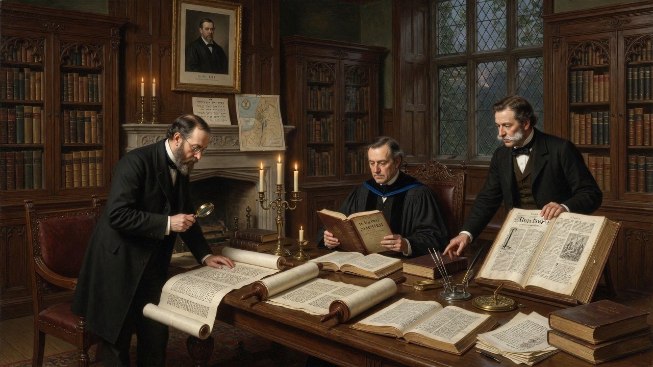 Wide 16:9 view of Yale biblical scholars in a wood-panelled library