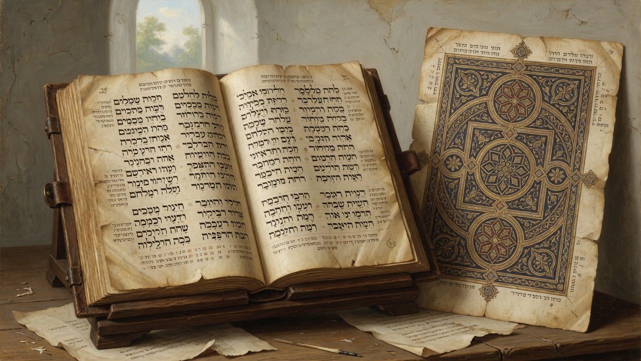 Illustrated open Hebrew Prophets codex with Tiberian pointing and a geometric carpet page, evoking Codex Cairensis