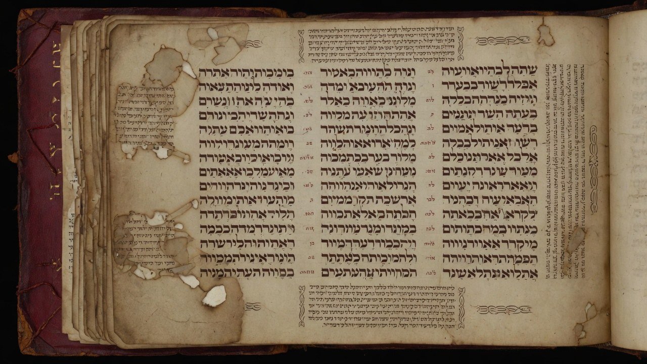 Illustrated incomplete Hebrew Torah codex with three columns, Tiberian points, and worn parchment, evoking Codex Orientales 4445