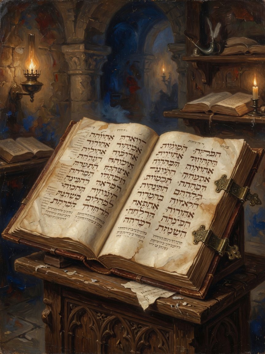 An illustrated open Hebrew Bible codex with Tiberian pointing and Masoretic notes, evoking Codex Sassoon