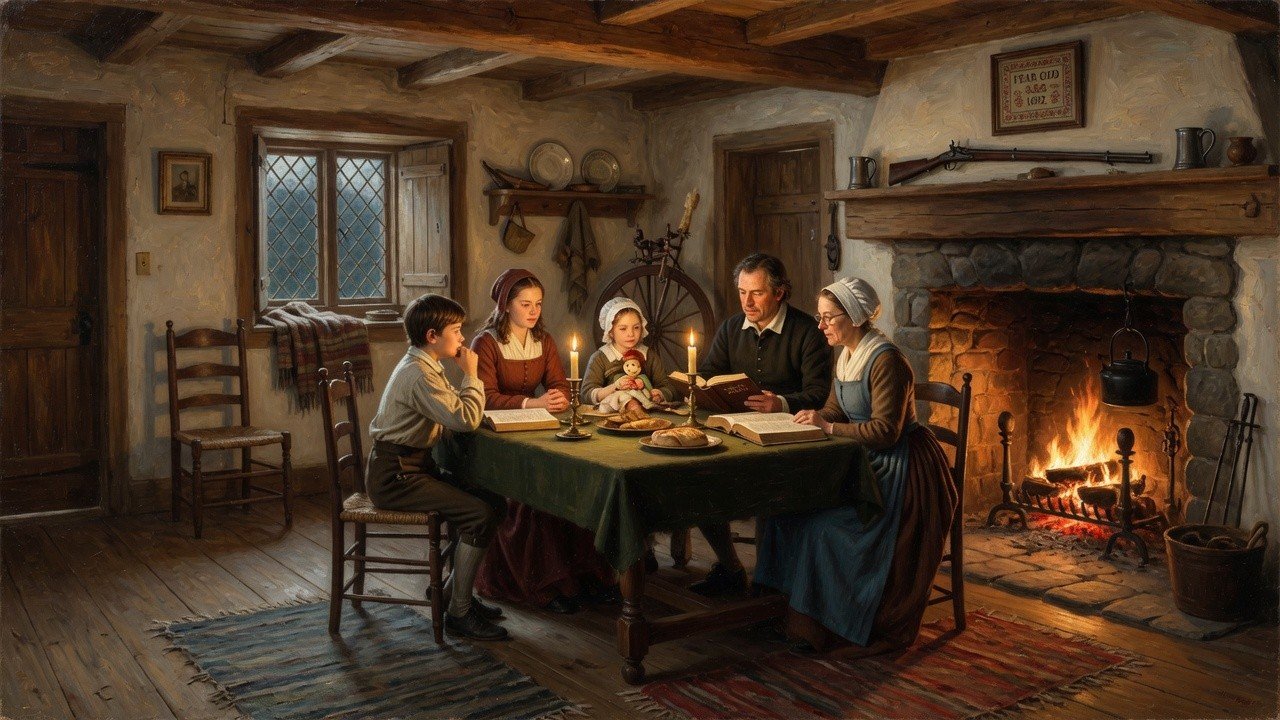 Wide 16:9 view of a colonial household gathered for evening Bible reading