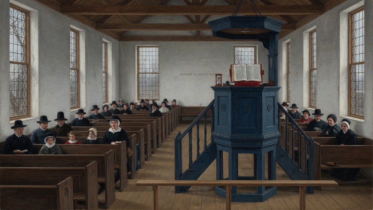Wide 16:9 view of a Puritan colonial meetinghouse with pulpit Bible and congregation