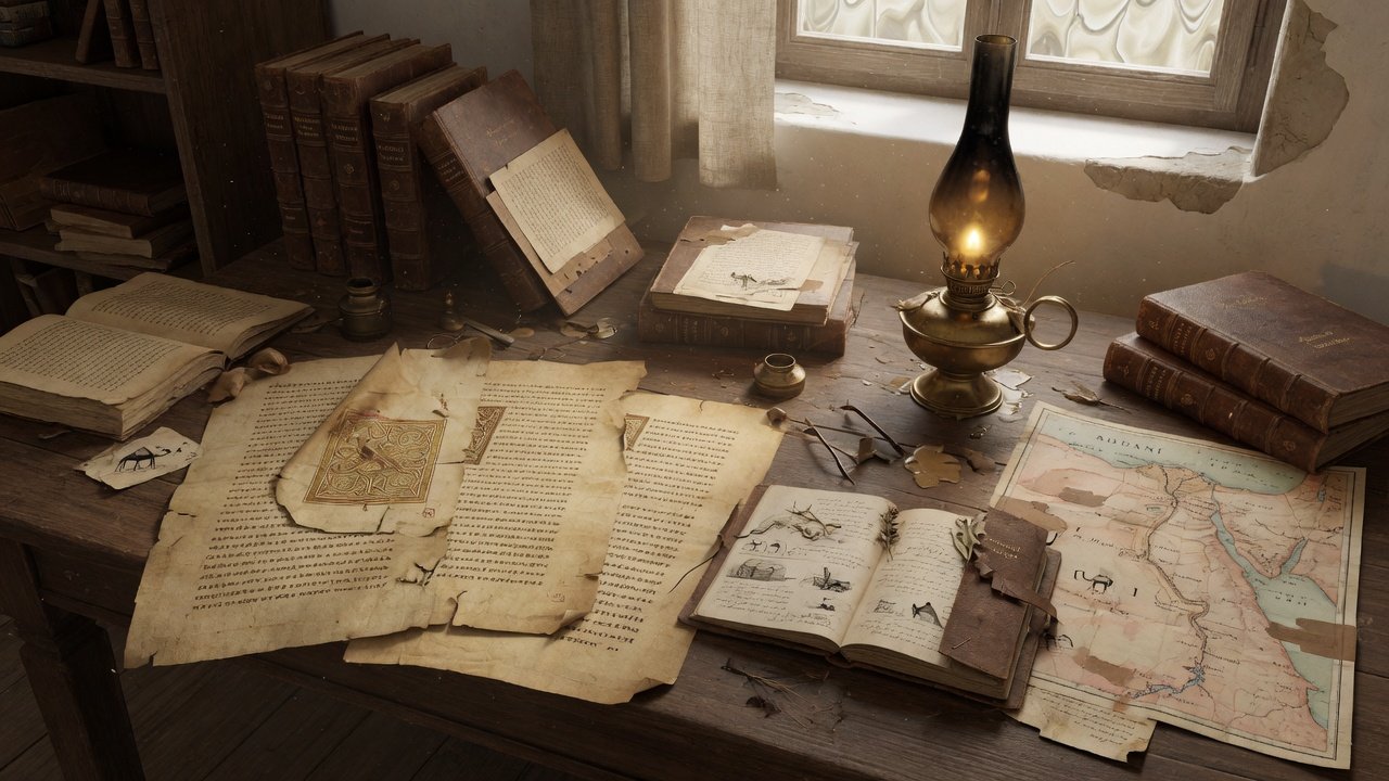 Nineteenth-century scholar’s table with Greek uncial parchment leaves, oil lamp, and travel maps of Sinai