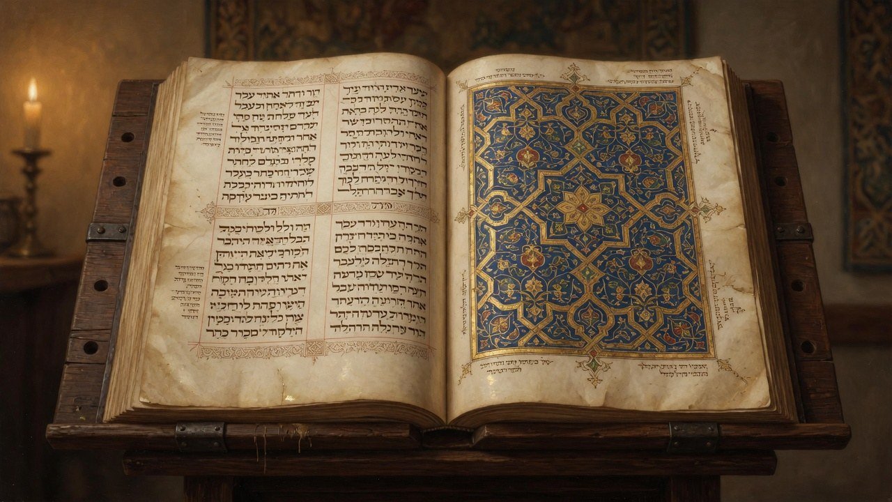 Illustrated open Sephardi Hebrew Bible codex with gold carpet-page ornament, evoking the Damascus Crown of 1260