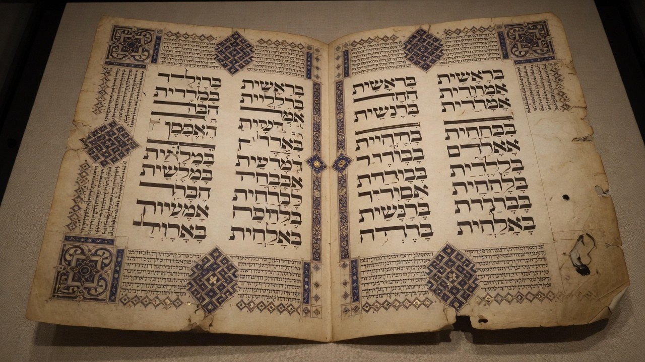 Illustrated open tenth-century Hebrew Torah codex with three columns and geometric Masorah ornament, evoking the Damascus Pentateuch
