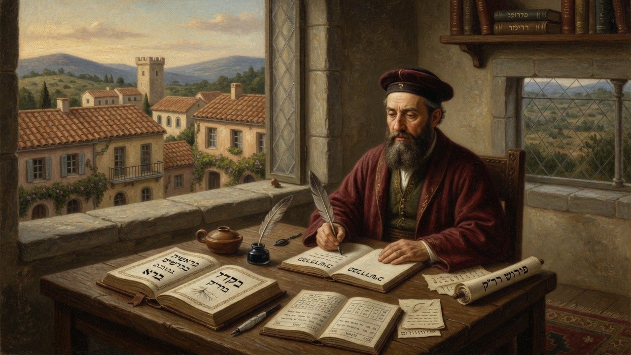 Cartoon illustration of David Kimhi writing Hebrew grammar and Bible commentary in Provence