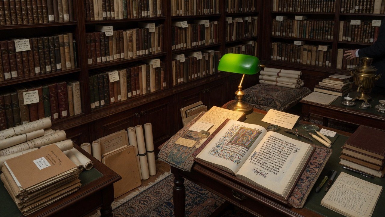 Private library study with open Hebrew codices and leather-bound manuscripts, evoking David Solomon Sassoon’s collecting world