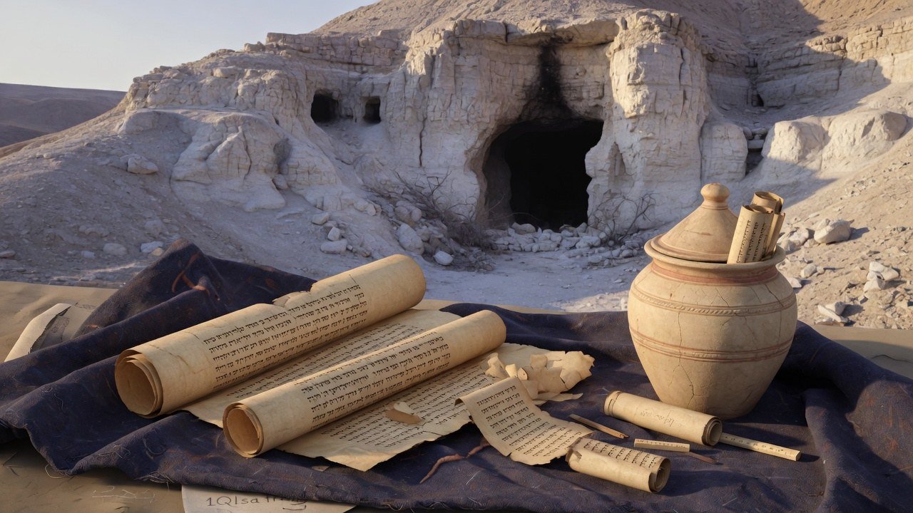 Ancient Hebrew scroll fragments and a ceramic jar before a Judean Desert cave, evoking the Dead Sea Scrolls