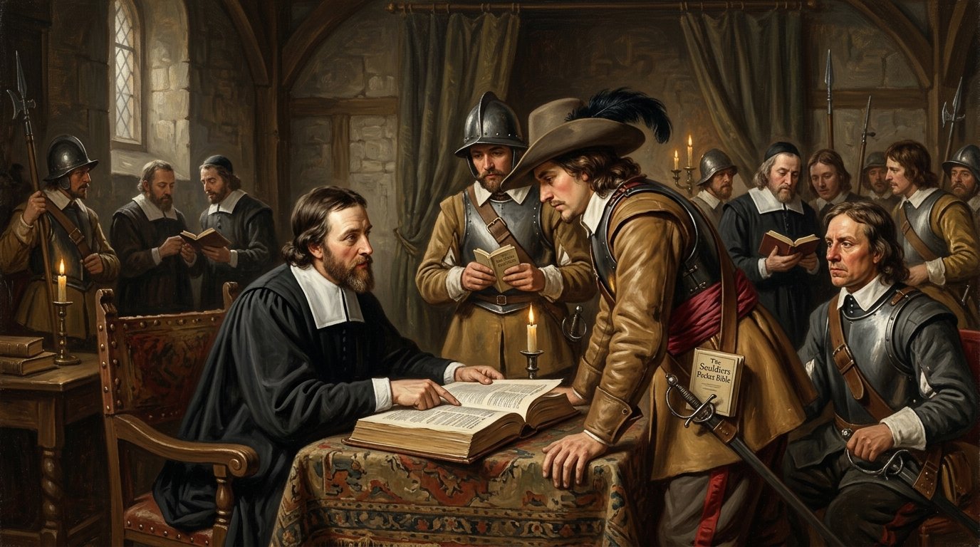 Historical oil painting of Oliver Cromwell and Puritan army divines examining open Bibles and scripture tracts in an army tent