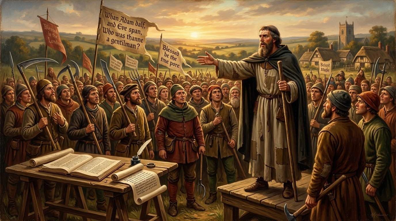 Historical oil painting of John Ball preaching to English peasants in 1381 with open Middle English biblical manuscripts