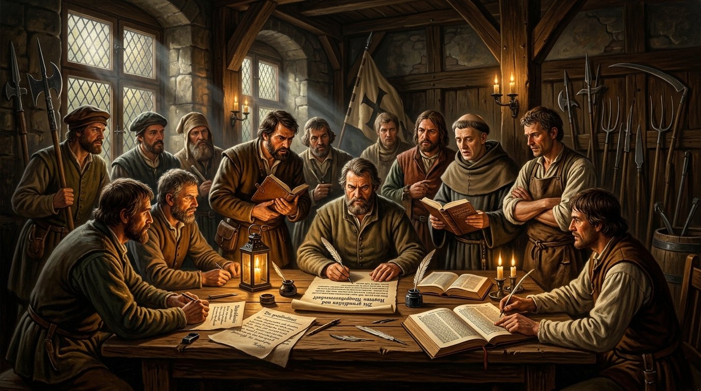 Historical oil painting of 16th-century German peasants carrying an open German Bible and rainbow banner before battle
