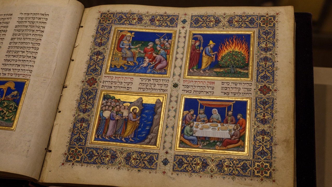 Open medieval Catalan Haggadah with gold-leaf miniature panels and Hebrew script, evoking the Golden Haggadah