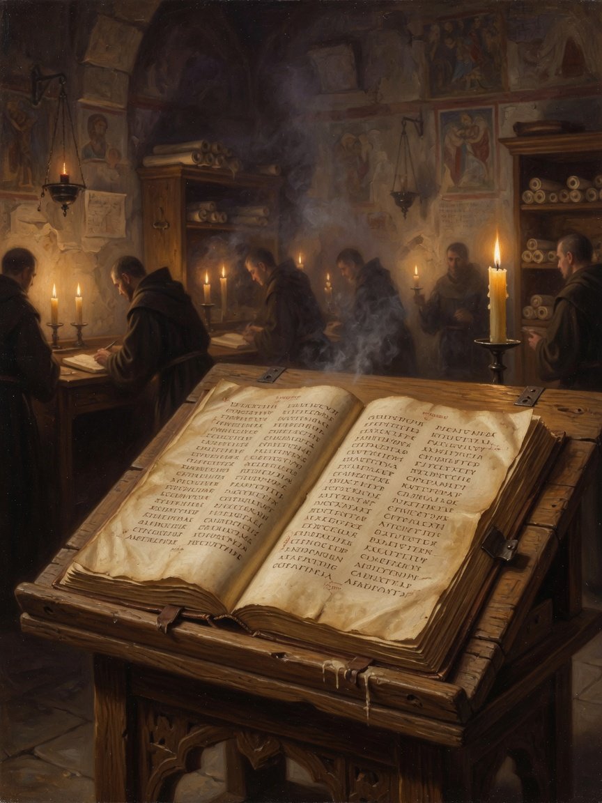 An ancient codex open on a lectern, evoking the Septuagint manuscripts of Alexandria