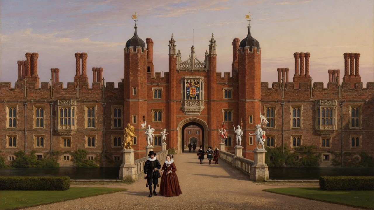 Original illustration of Hampton Court Palace main West Front approach: moat bridge, heraldic beasts, and Tudor Great Gatehouse