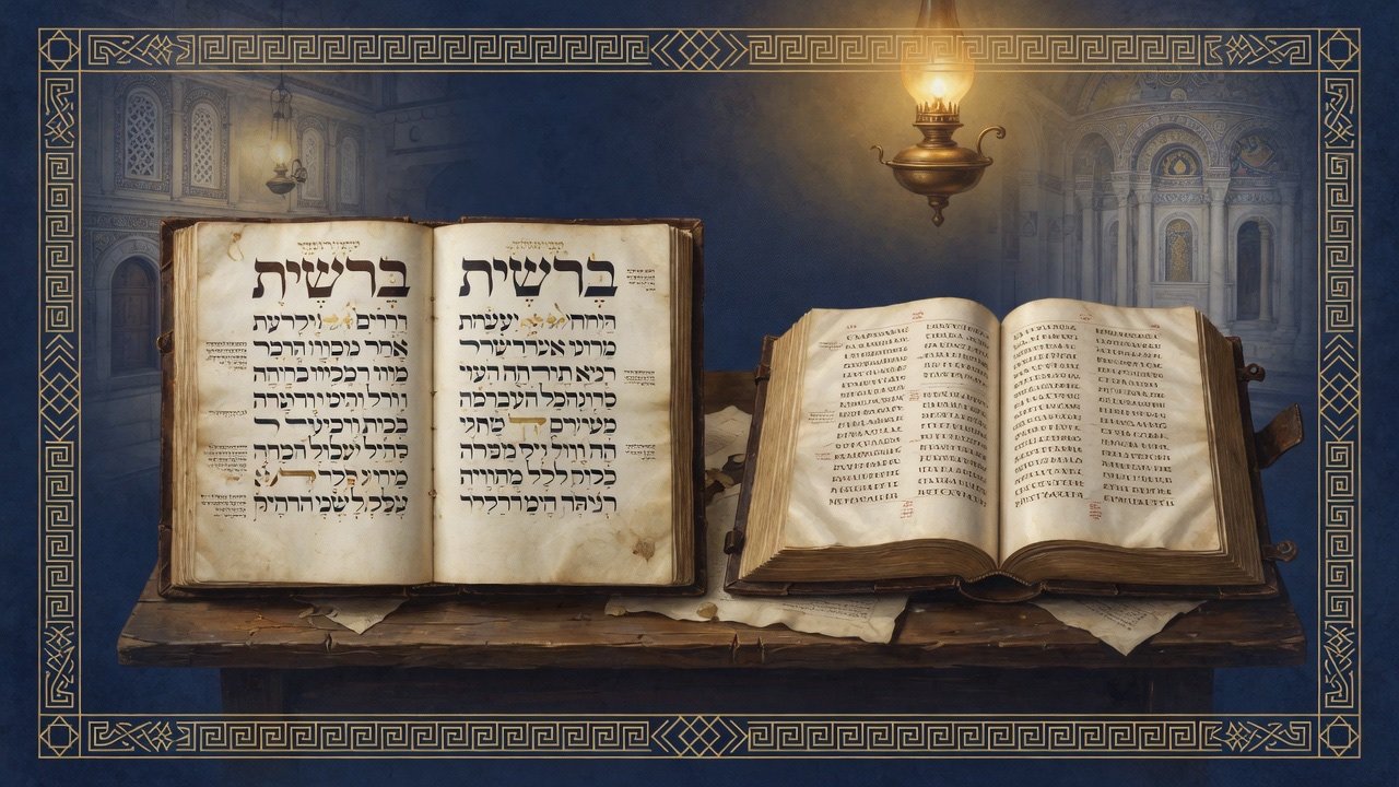 Scholarly navy-and-gold illustration of a Hebrew Masoretic codex and a Greek uncial Bible open side by side