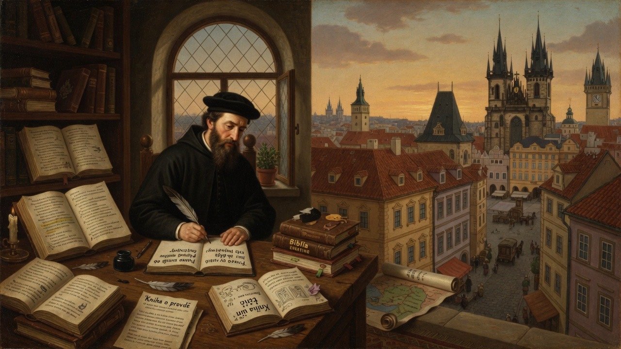 Cartoon illustration of Jan Hus studying Scripture above the city of Prague