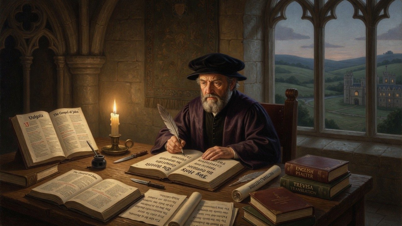 Cartoon illustration of John Wycliffe writing English Bible manuscripts at Oxford