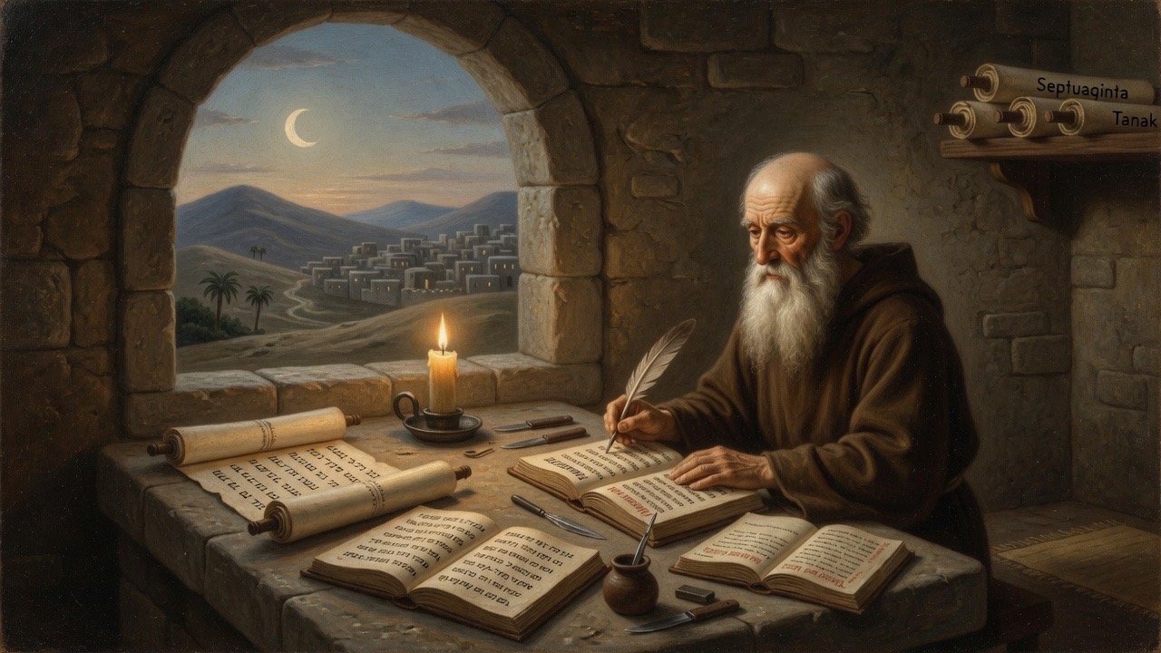 Cartoon illustration of Jerome translating the Bible into Latin with Hebrew and Greek books