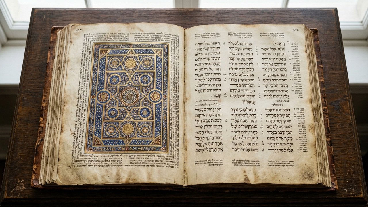 Illustrated open complete Hebrew Bible codex with carpet page and Tiberian Masorah, evoking the Leningrad Codex