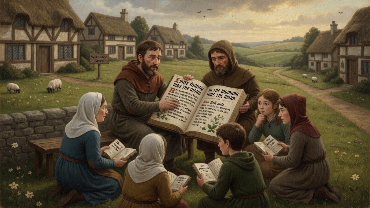 Cartoon illustration of Lollard villagers reading an English Bible together outdoors