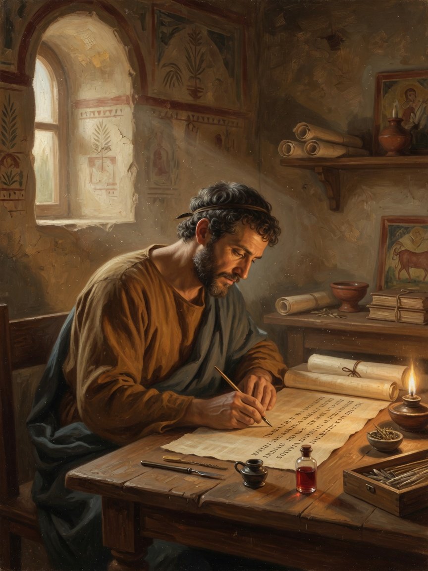 The evangelist Luke writing his Gospel at a scribe's desk