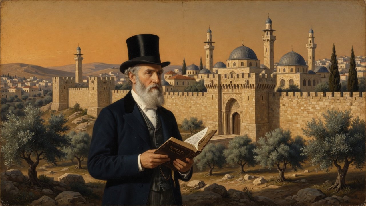Scholarly illustration of Sir Moses Montefiore before Jerusalem’s Old City walls and golden domes, with an open Hebrew book