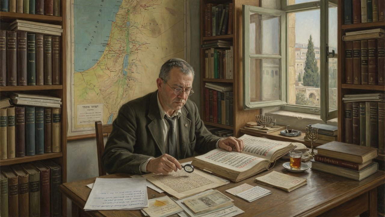 Oil-painting illustration of Moshe Goshen-Gottstein studying a pointed Hebrew Bible manuscript in a Jerusalem study