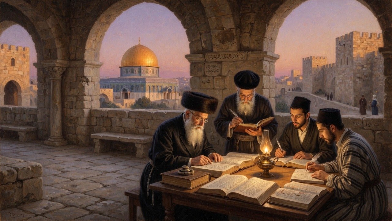 Historical painting of Old Yishuv scholars studying Hebrew Bibles in an Ottoman Jerusalem courtyard